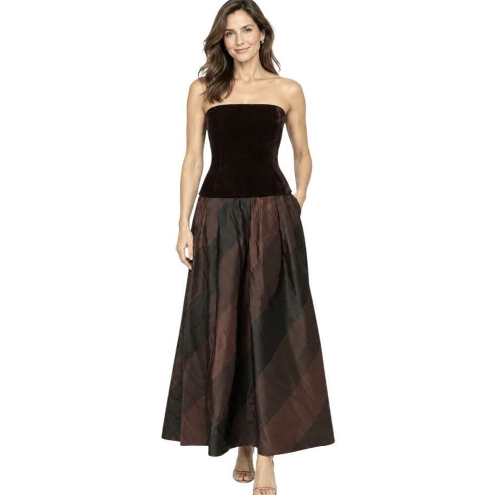 AKRIS 8 Strapless Velvet Taffeta Formal Dress Evening Gown Brown Black Long Maxi